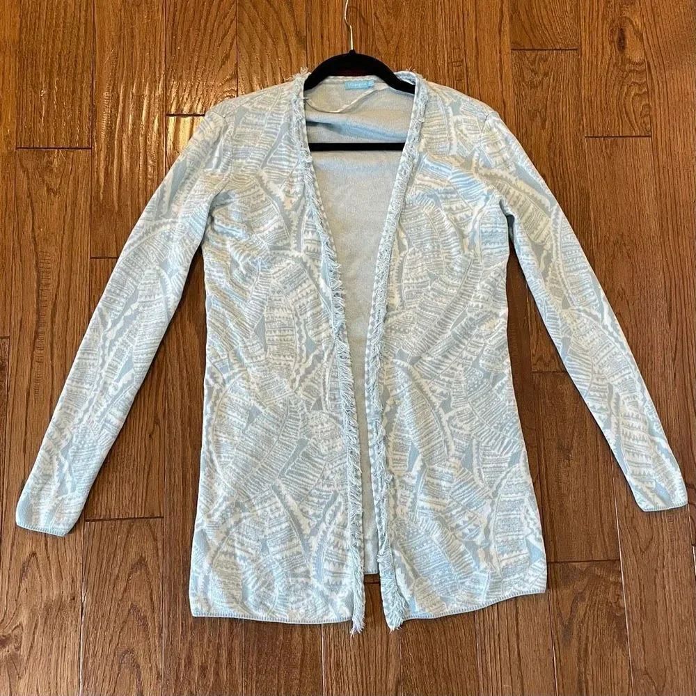 J.McLaughlin blue printed fringe trim cardigan size xs - Picture 7 of 9